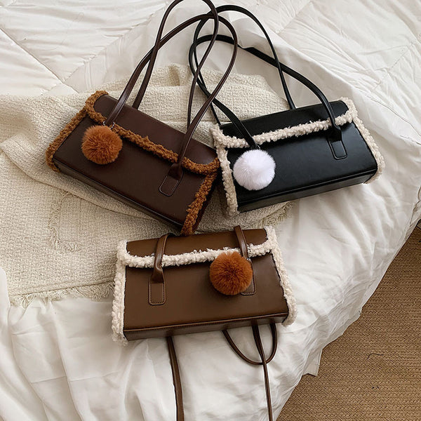 Solid Color Small Square Bag with Plush Pendant