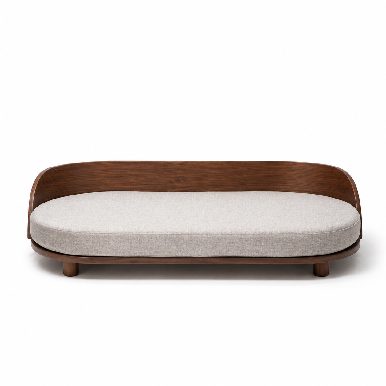 Dog bed with wooden frame and white cushion on a white background
